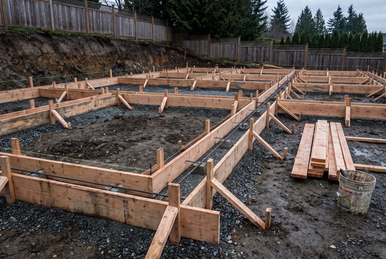 Lumber footing forms with rebar laid out on a gravel base in an excavation